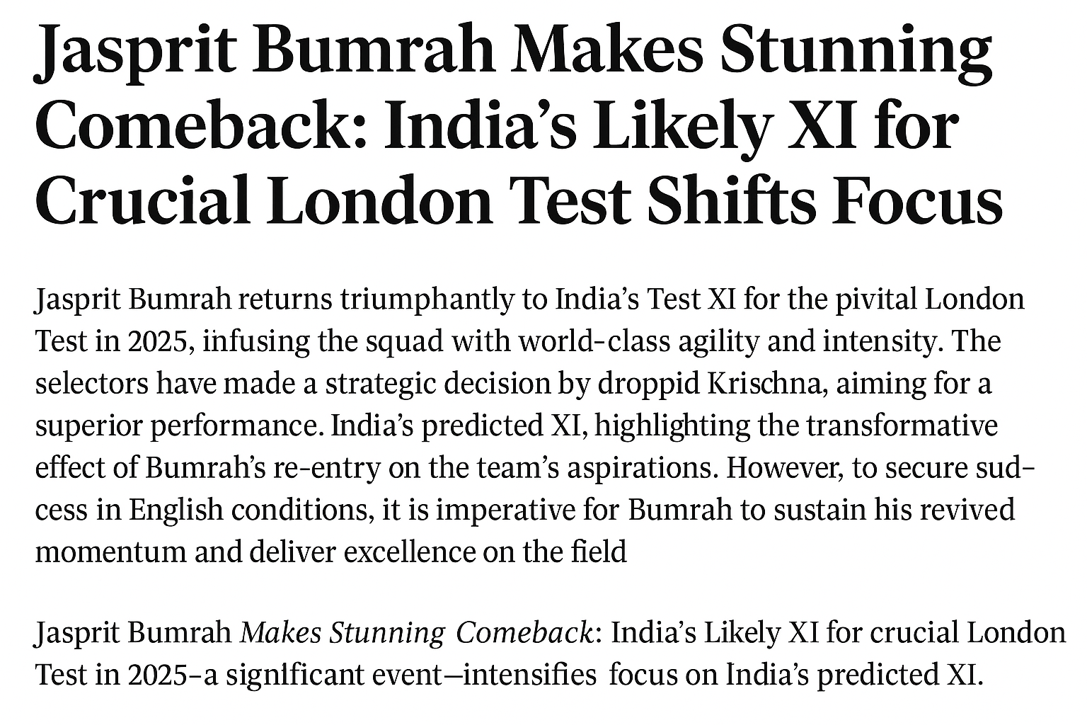 Jasprit Bumrah Makes Stunning Comeback
